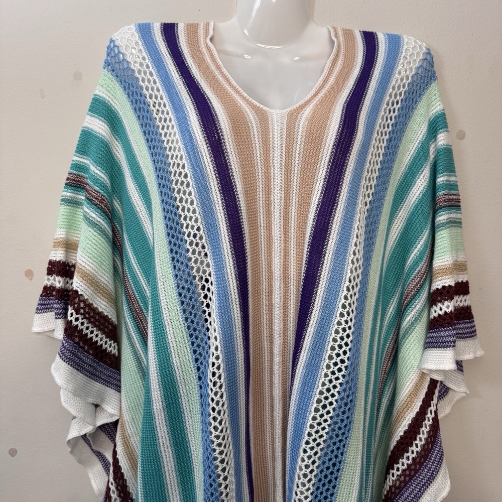 Coco‎ + Carmen Woman's Poncho One Size  Brown Teal Striped  Swim Cover Up Beachy - Picture 3 of 12